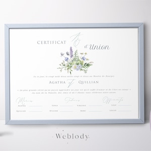 Union certificate, marriage certificate, lavender thistle blue country nature, souvenir wedding vow, boho chic watercolor poster image 1