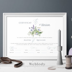 Union certificate, marriage certificate, lavender thistle blue country nature, souvenir wedding vow, boho chic watercolor poster image 2