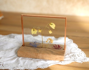 Herbier bohème Fleurs séchées dans son socle bois Noyer et verre transparent orné de cuivre, décoration fait main à poser, modèle unique