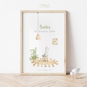 Cartaz de nascimento personalizado boho aquarela coelho, cartaz de nascimento ay escolha a4 a3 a2 (42x59.4cm), decoração de quarto infantil