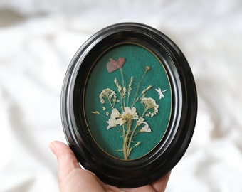 Herbarium in an oval black frame in Napoleon III style (1970s), brass plastic glass, with my dried flowers on pine green felt