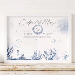 Gewerkschaftsurkunde, Heiratsurkunde, anpassbares Poster mit blau-weißem Aquarelldekor am Meer, gedruckt in meiner FR-Werkstatt