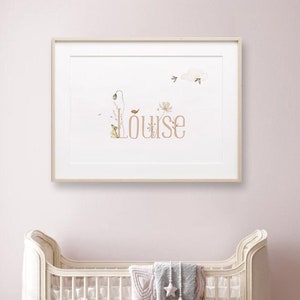 Póster de nombre de acuarela floral rosa con golondrina de pájaro conejo, decoración de pared personalizable para habitación de niña