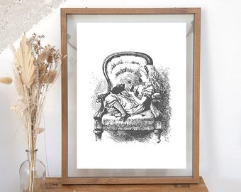 A4 A3 A2 poster Alice in Wonderland, on her toad chair and her little black kitten, Natural and textured paper print
