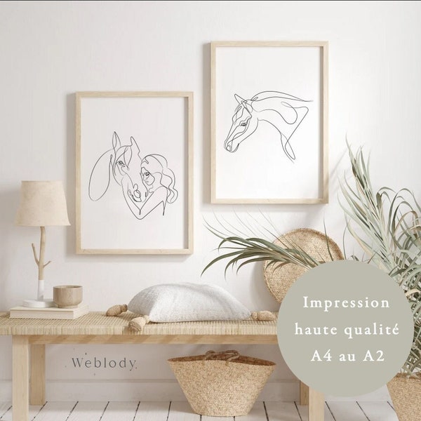 Ensemble de 2 Affiches cheval et cavalière complice, déco murale minimaliste dessin ligne, amour chevaux équestres, impression haute qualité