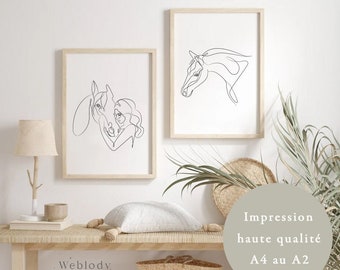 Set of 2 Horse and rider accomplice posters, minimalist line drawing wall decoration, love equestrian horses, high quality printing