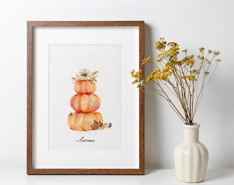 Autumn Poster A4/A3/A2 3 Pumpkins Oak Leaf, Autumn Seasonal Cards, High Quality Grain Paper, Halloween Wall Decor