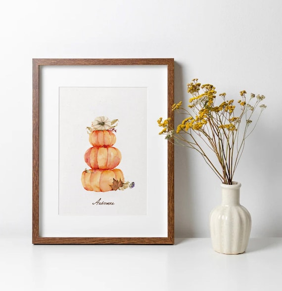 Affiche Automne A4/A3/A2 3 citrouilles feuille chêne, cartes de saison automne, papier haute qualité à grain, décoration murale halloween