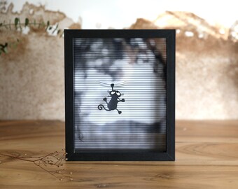 Original CHAT PITRE 1 painting, wall or table decoration, black cat trying to climb the window curtain, deep black 3D frame