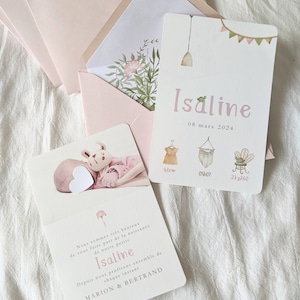 Original & elegant natural baby girl birth announcement, illustrated pink envelope included, personalized eco-responsible announcement
