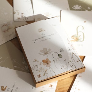16 cartes étapes bébé première année Printemps - Champêtre - Forêt unisexe, aquarelle vert marron, papier naturel dans son coffret cadeau