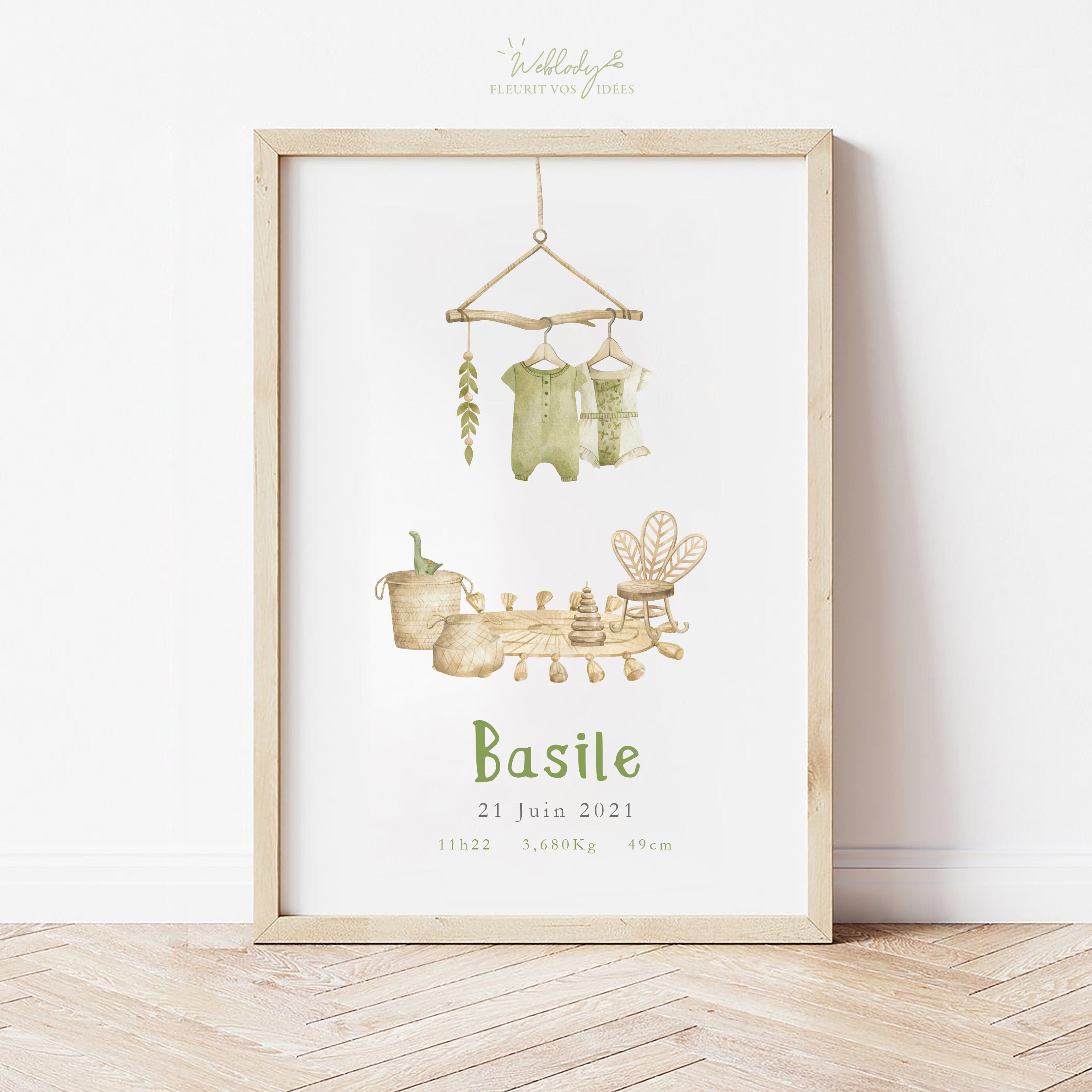 Affiche Faire-Part Naissance Personnalisée Style Rotin, Naturel, Zen Pour Garçon ou Fille avec Sans 