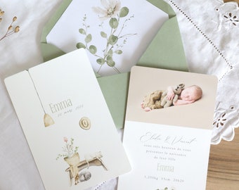 Original & elegant baby birth announcement with a poetic nature theme, little rabbit and cats, illustrated Olive Green envelope, eco-responsible