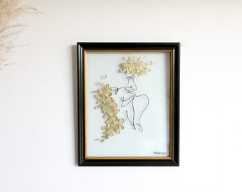 Old black golden rectangle frame in transparent glass, golden hydrangea botanical art and couple line drawing, handmade, Upcycling