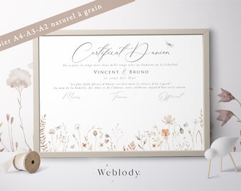 Certificate of union, marriage certificate, customizable poster with boho rustic watercolor decor, country flower landscape (Print)
