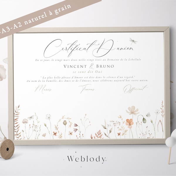 Certificat d'union, certificat de mariage, affiche personnalisable décor aquarelle bohème champêtre, paysage fleurs de campagne (Imprimé)