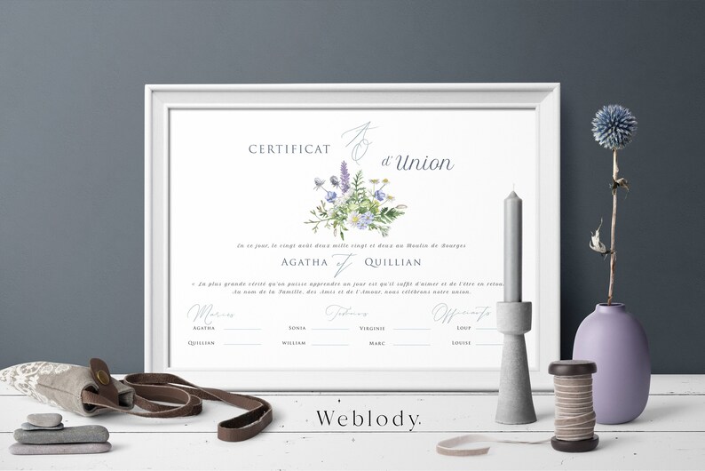 Union certificate, marriage certificate, lavender thistle blue country nature, souvenir wedding vow, boho chic watercolor poster image 2