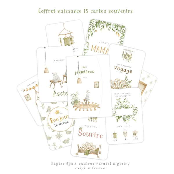 Lot de 15 cartes étapes bébé "mes 1ère fois" végétal & naturel unisexe, aquarelle vert marron jaune, coffret cadeau inclus