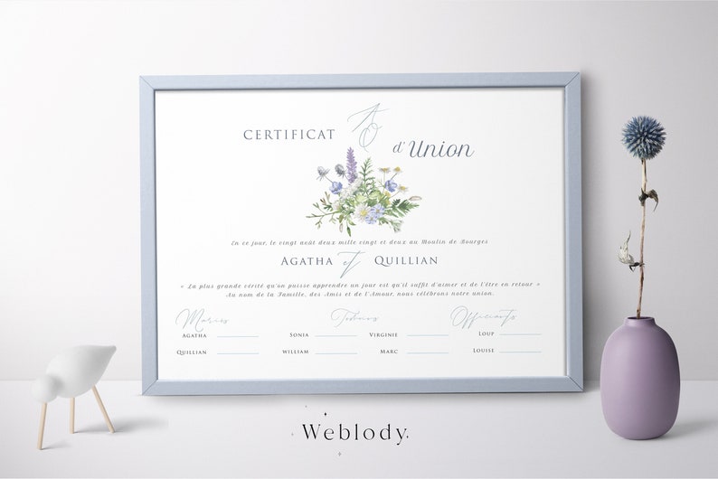 Union certificate, marriage certificate, lavender thistle blue country nature, souvenir wedding vow, boho chic watercolor poster image 1