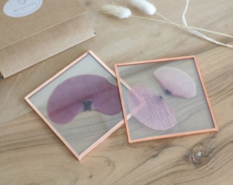 set of 2 poppy coasters, dried and pressed oriental poppy leaves in glass decorated with copper, botanical art, kraft box included