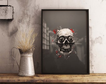 Gothic Halloween skull, 'BLAST' skull art poster, Black and white art wall decoration, red spots, scary, horror