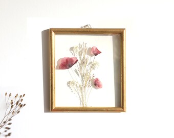 Delicate poppy herbarium in a double natural wooden glass frame gilded with old gold, bouquet of pressed dried flowers, handmade France