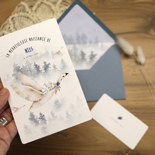 Faire-part Naissance bébé Garçon original & élégant voyage oie forêt nature nordique, enveloppe bleu jean illustrée, éco-responsable