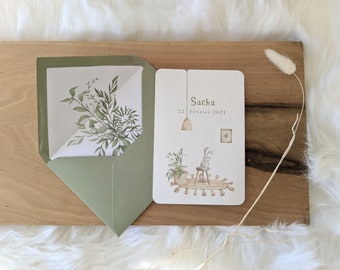 Original & elegant baby boy birth announcement with a little bunny nature theme, illustrated olive green envelope included, eco-friendly
