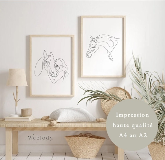 Ensemble de 2 Affiches cheval et cavalière complice, déco murale minimaliste dessin ligne, amour chevaux équestres, impression haute qualité