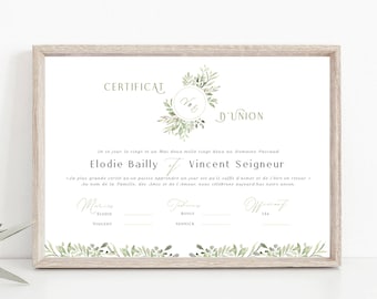 Union certificate, marriage certificate, country sage green olive tree, wedding vow souvenir, boho chic watercolor poster