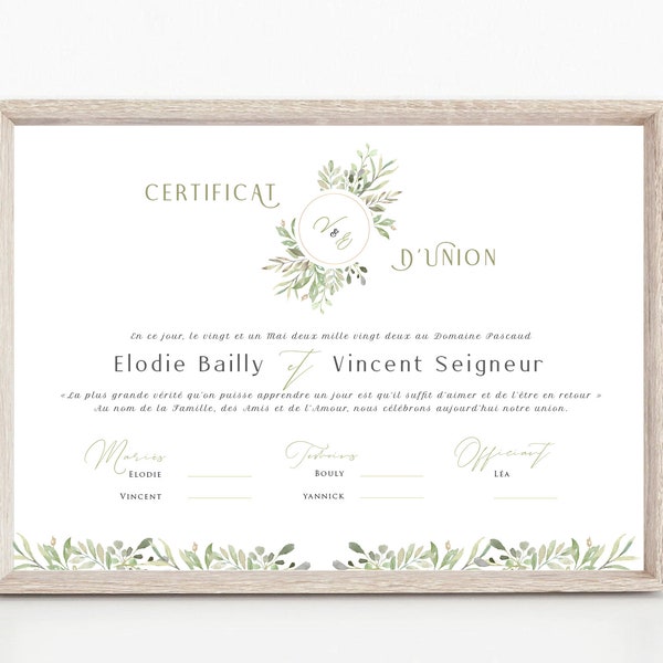 Certificat d'union, certificat de mariage, olivier vert nature sauge champêtre, souvenir de vœu de mariage, affiche aquarelle  bohème chic