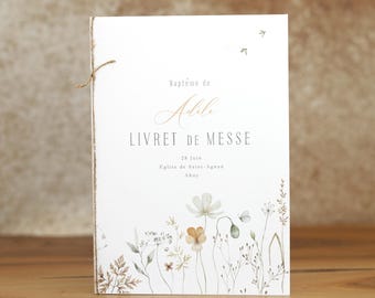Livret de messe baptême, anniversaire ou mariage personnalisé, décoration style herbier floral, champêtre. COUVERTURE imprimé recto verso A5