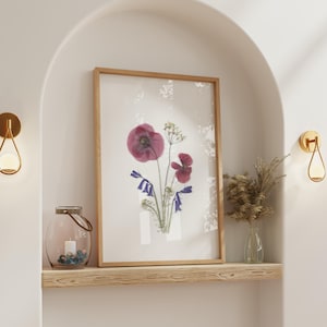 Poster bouquet di fiori essiccati e pressati di papavero giacinto, decorazione murale botanica, riproduzione di carta di alta qualità