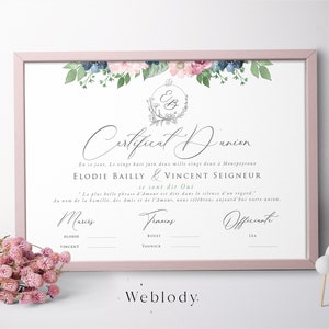 Gewerkschaftsurkunde, weltliche Heiratsurkunde, Blumenmuster in Burgunderrot, Zeugen- und Amtsgeschenk, Aquarellposter im Boho-Chic, französisch