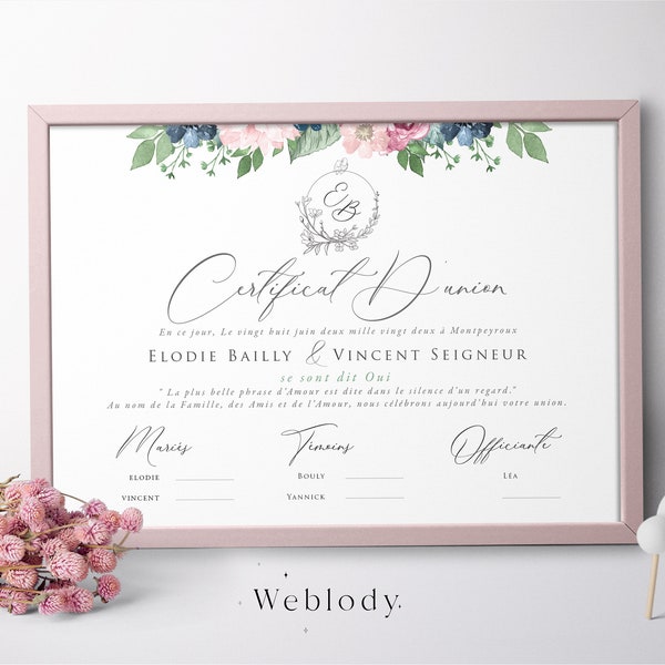 Certificat d'union, certificat de mariage laïque, floral bordeaux rose , cadeau témoin et officiant, affiche aquarelle bohème chic, français