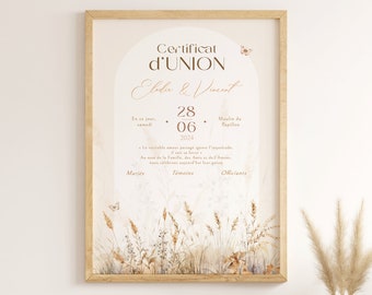 Certificat de mariage laïque, certificat d'union et PACS, souvenir de vœu de mariage, affiche imprimé aquarelle champêtre bohème chic