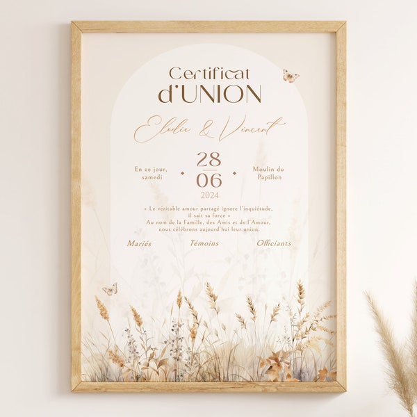 Certificat de mariage laïque, certificat d'union et PACS, souvenir de vœu de mariage, affiche imprimé aquarelle champêtre bohème chic