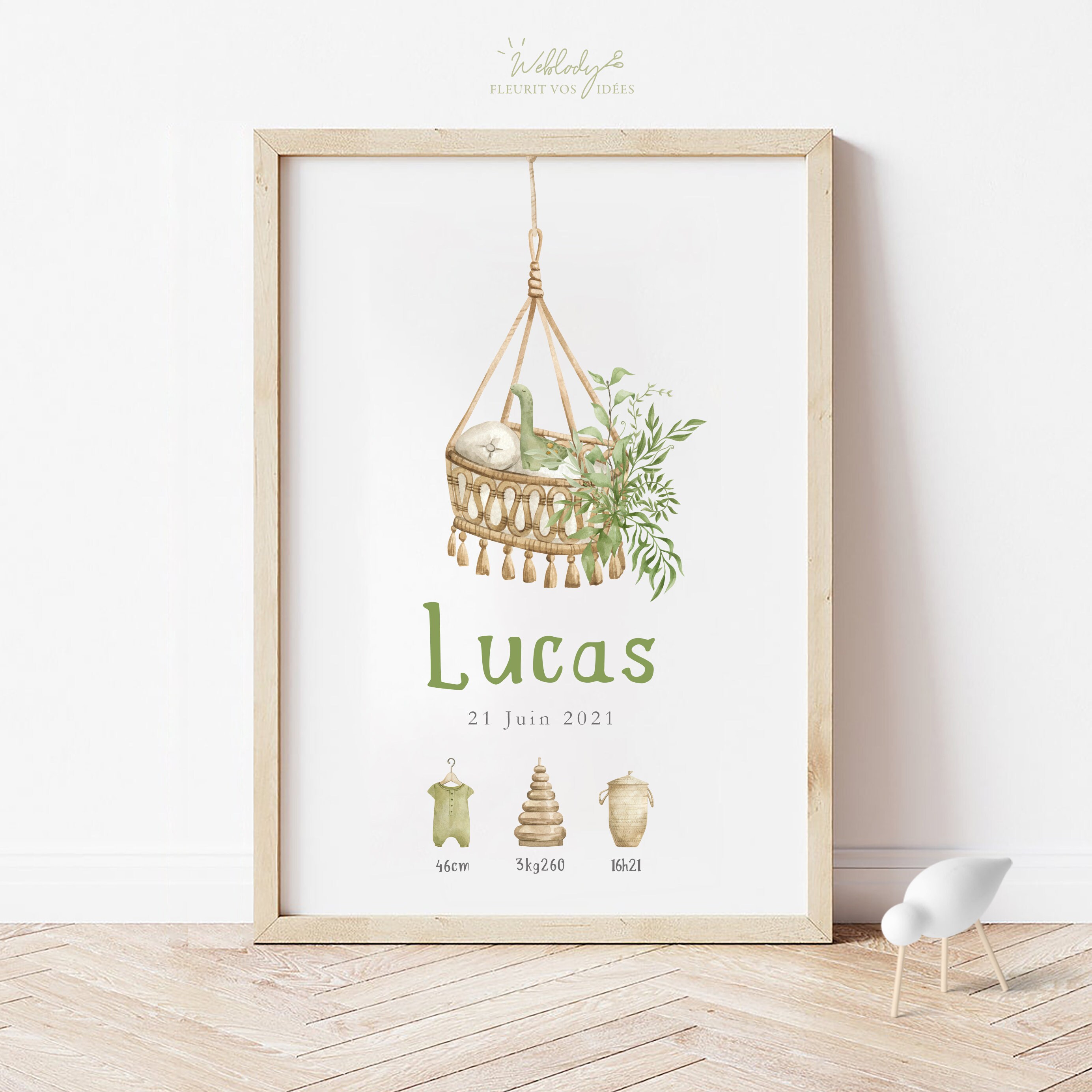 Affiche Naissance Bébé A4, Illustration Pour Chambre Enfant, Lit Suspendu, Vert et Marron Dinosaure,