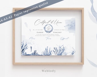 Union certificate, marriage certificate, customizable poster with blue and white seaside watercolor decor, printed in my FR workshop