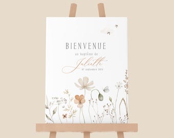 Personalized baptism, birthday or wedding welcome poster, herbarium, floral, country style decoration. High-quality printing