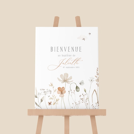Affiche de bienvenue baptême, anniversaire ou mariage personnalisée, décoration style herbier, floral, champêtre. Impression haute qualité