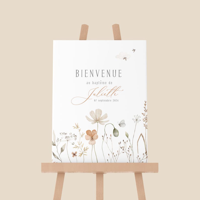 May include: A white welcome sign with a floral design and the text "BIENVENUE au bapt&ecirc;me de Juliette 07 septembre 2024".