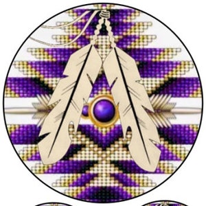 May include: A round, purple, white, and gold patterned fabric with two white feathers and a purple gem in the center.