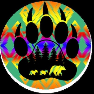 May include: A black bear paw print with a green, orange, and yellow geometric pattern in the background. Inside the paw print are three black silhouettes of bears walking through a forest of trees.