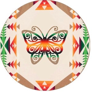 May include: A round rug with a white background and a brown, green, orange, and red geometric border. A stylized butterfly in black and gray is in the center of the rug.