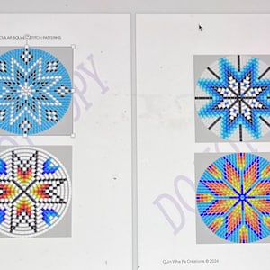 May include: Two pages of beading patterns for circular star designs. The first page shows a blue and white star design and a red, yellow, blue, and white star design. The second page shows a blue and white star design and a yellow, orange, red, and blue star design. The text "Quilt Whiz Pie Creations © 2024" is at the bottom of each page.