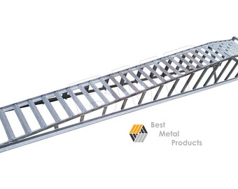 May include: A silver metal ramp with a slatted surface and angled supports. The ramp is designed for loading or unloading items. The logo for "Best Metal Products" is in the lower right corner.