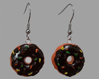 Donut Earrings Novelty Dangle Chocolate Frosted Glass Doughnuts