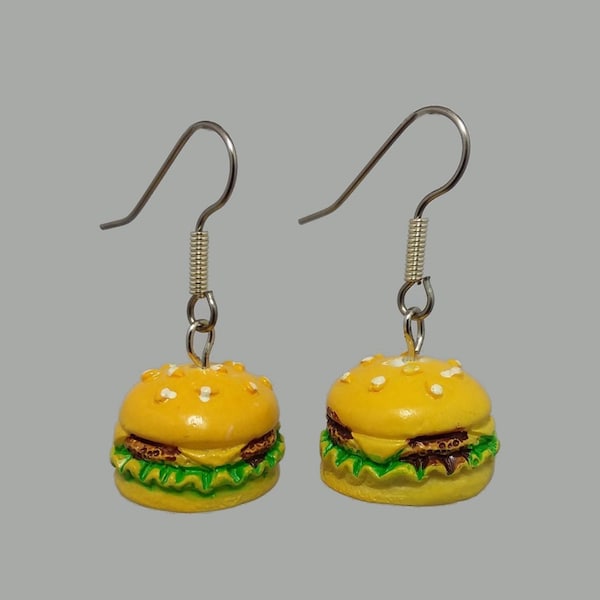 CHEESEBURGER Dangle Earrings CUTE 3D Food Charm Dangle Earrings 316L Surgical Steel Hooks Mcdonalds Novelty Funtime Jewelry