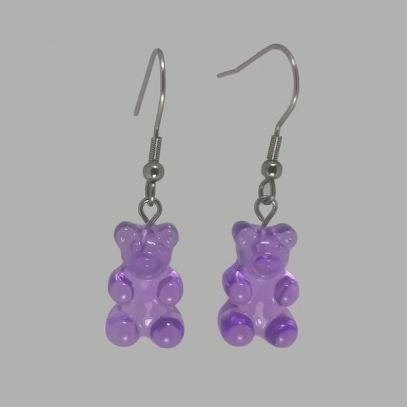 GUMMY BEAR Dangle Earrings Cute PURPLENovelty Earrings Teddy Bear 316L Surgical Stainless Steel Hooks Candy Jewelry